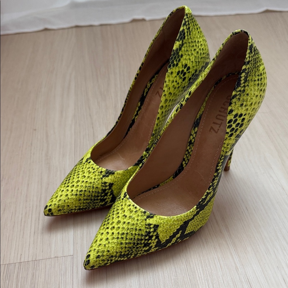 SCHUTZ Neon Yellow Snake Print Heels
